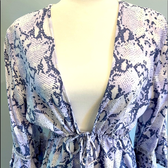 SOLD Deep V Plunge Neckline Snakeskin Blue Dress Coverup XL cinch waist - Picture 5 of 11